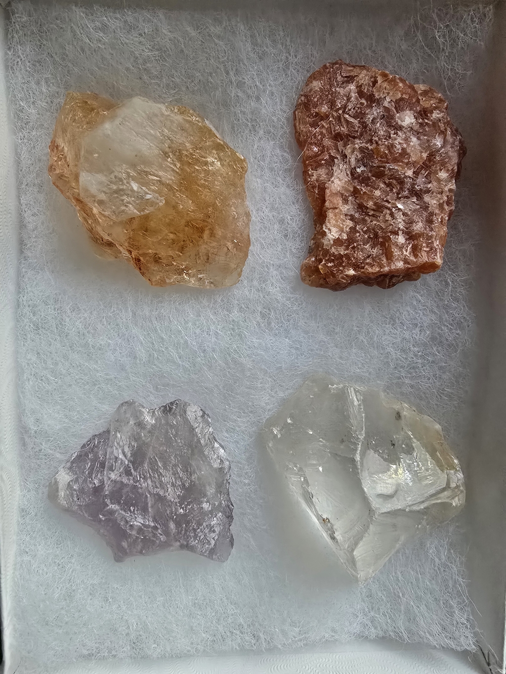 Set of 4 raw, natural crystals - quartz, citrine, carnelian and amethyst